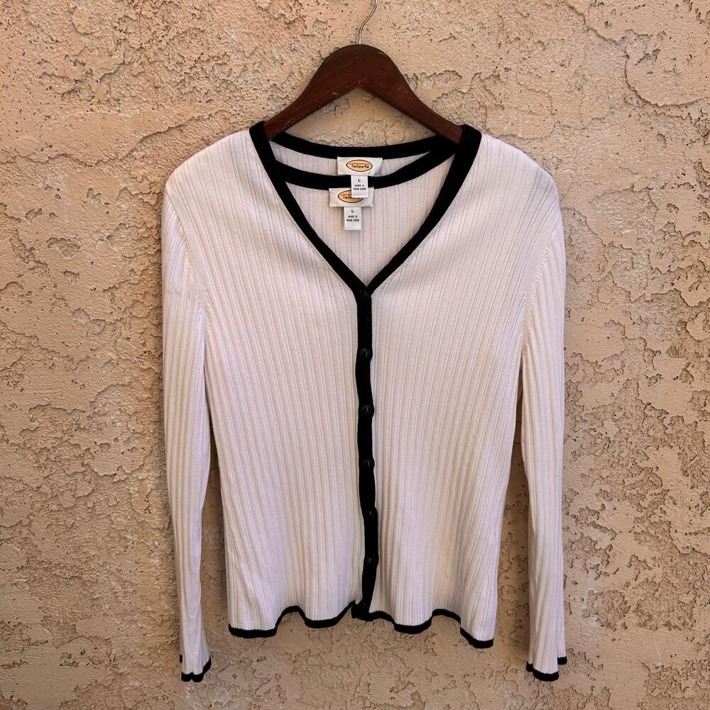 Vintage Talbots White Black Ribbed Sweater Set Twinset Cardigan Tank Large